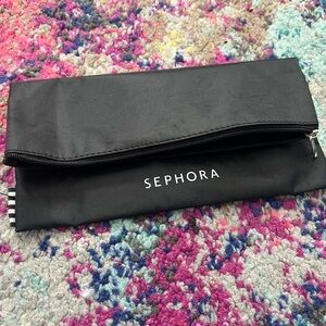 Sephora Black Fold-Top Cosmetic Pouch with White Logo and snap zipper